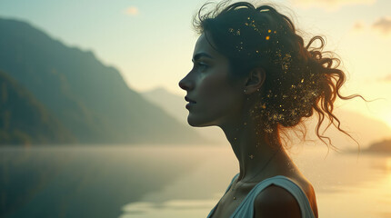 Silhouette of a woman by a serene lake at sunset, with glowing particles around her hair, evoking a magical and tranquil atmosphere. Mental health concept.