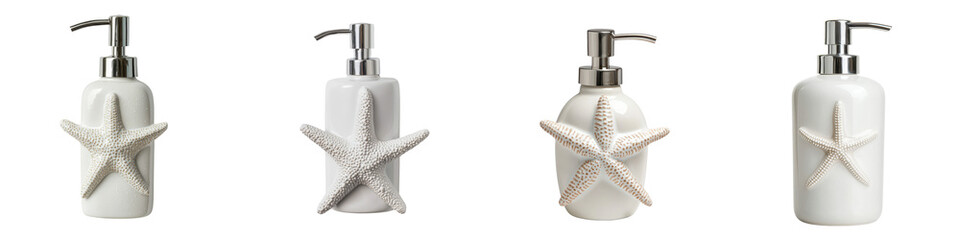 Obraz premium Elegant coastal bathroom accessories featuring a clean and minimalist design with natural seashell and starfish decor Simple and modern hygiene and beauty products for a spa like interior
