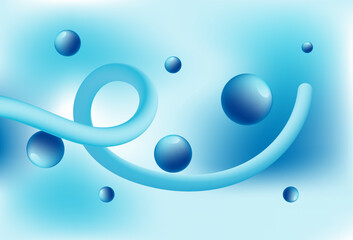 Abstract blue background with floating spheres and a wavy ribbon-like element, creating a sense of fluidity and motion.