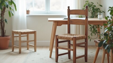 Obraz premium Reimagined Vintage: A Modern Crocheted Accent on a Restored Wooden Chair