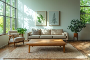 Minimalist, mid century modern interiors in the living room with cafe tables visible and sofas. Generative AI
