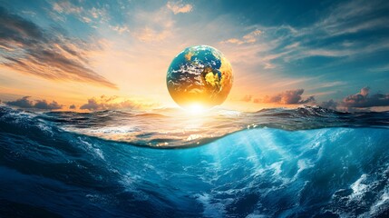 A vibrant ocean planet with shimmering turquoise waters floating islands and a golden sun reflecting on the waves.