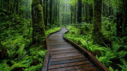Obraz premium Forest pathway covered in dew and mist, emphasizing balanced water and moisture dynamics