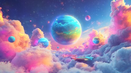 Obraz premium A vibrant planet with rainbow-colored fields and floating platforms surrounded by glowing blue clouds.