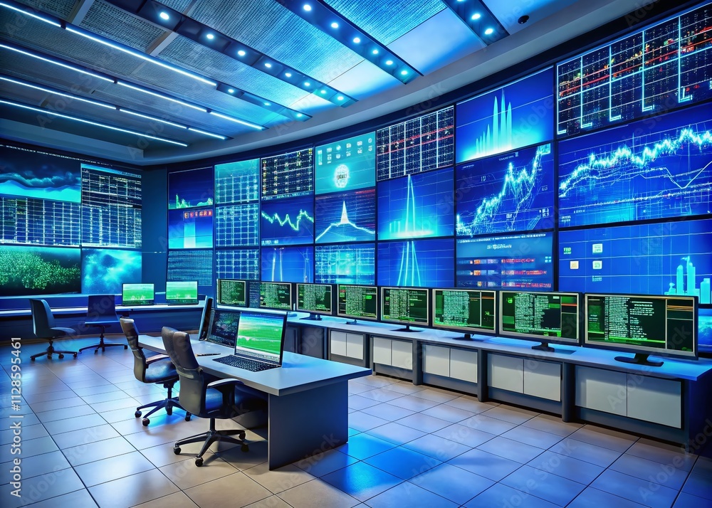 Poster a futuristic smart grids energy control room showcasing advanced technology with multiple data scree