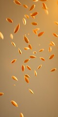 "Action-packed image of pumpkin seeds in mid-air, arranged at various angles to create the effect of dynamic falling motion. Subtle motion blur adds to the sense of movement, while the majority of the