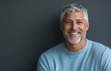 Obraz premium Smiling middle-aged man in casual attire with a joyful expression