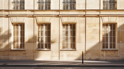 Obraz premium Contemporary minimalist Parisian building, facing a wall with windows and doors, warm sunlight, peaceful and serene, no people visible.