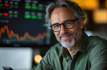 Middle-aged man using smartphone in a tech-savvy office environment