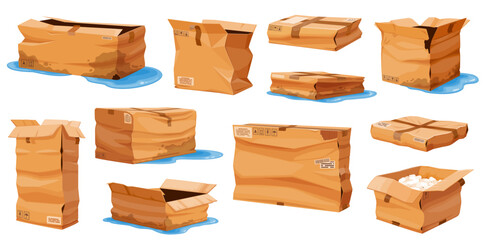 Naklejka premium Wet and damaged crumpled boxes, crushed and ripped cargo parcel, broken delivery cardboard packages. Vector set of spoiled soaked parcels showing logistics challenges and postal shipping issues