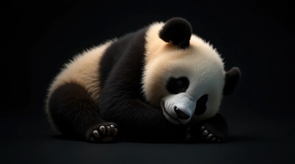 Naklejka premium Hyperrealistic Sleeping Panda on Black Background