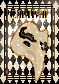 Happy  carnival zanni mask Scaramuccia, card in art deco style , vector illustration