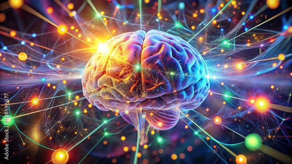 Poster a glowing brain illustration with light connections surrounded by colorful particles, symbolizing in