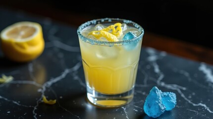 Cocktail with Lemon Zest and Blue Crystals on Marble