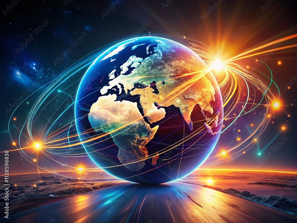 Poster a glowing digital globe showcasing global connections and technology with abstract light trails on a