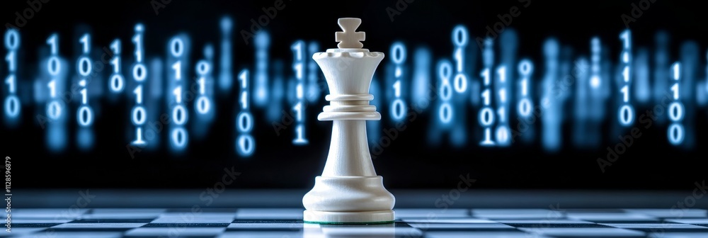 Poster white king chess piece on chessboard with binary code, artificial intelligence and strategy concept.