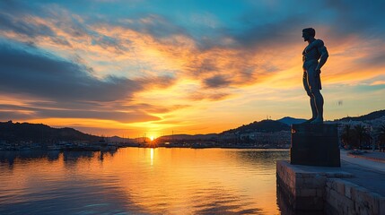 The Colossus of Rhodes depicted in vibrant bronze standing tall as a sunrise paints the harbor golden.