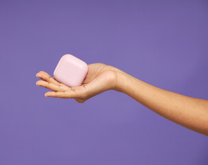 Hand Holding Pink Square Soap Bar Cleanliness Hygiene Skincare