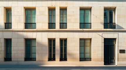 Naklejka premium Contemporary Parisian building, minimalist design, full wall with windows and doors, sunny afternoon light, serene urban setting, no people.