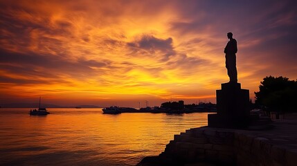 The Colossus of Rhodes silhouetted against the fiery colors of a sunset towering over a calm harbor.