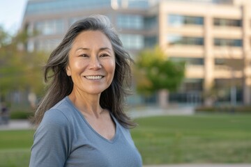Fototapeta premium Portrait of a happy asian woman in her 50s showing off a lightweight base layer in modern university campus background