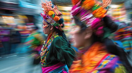 Fototapeta premium Traditional costumes blend into a colorful blur as the parade passes by.