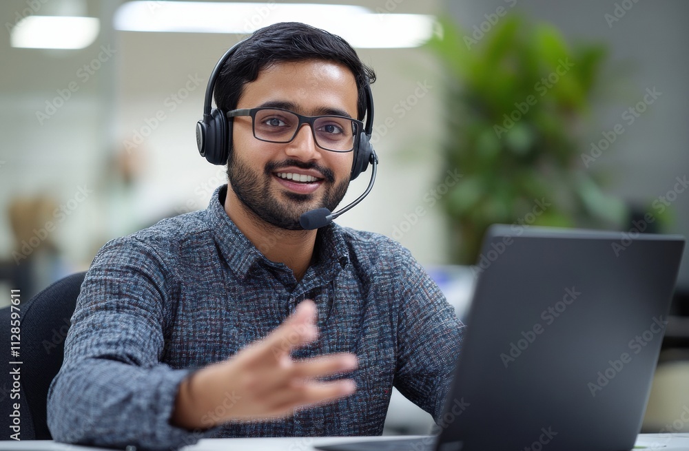Poster smiling customer service representative with headset at call center
