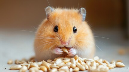 Cute hamster eating seeds with tiny paws