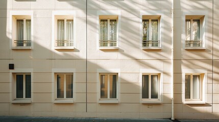 Fototapeta premium Contemporary Parisian building, modern minimalist design, facing a wall with windows and doors, sunny afternoon, peaceful atmosphere, no people.