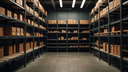 Cardboard boxes on metal shelves in warehouse.