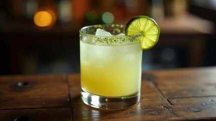 Margarita with Lime and Green Salt on Dark Oak Table
