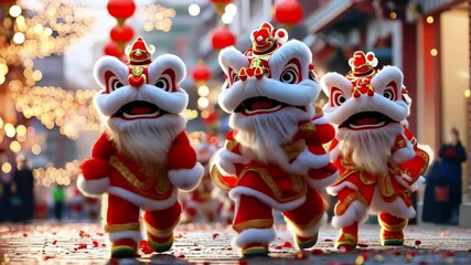 Festive lions dance in vibrant streets during lunar new year celebration