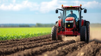 Tractor Working in Agricultural Field Under Blue Sky