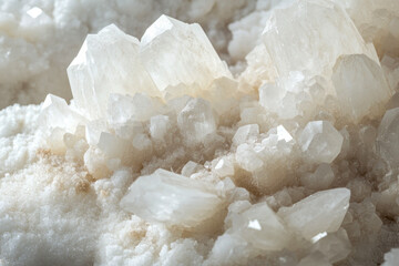 Close-up of white quartz crystals on mineral surface