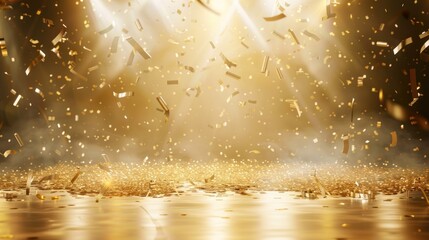 stage illustration with confetti on gold background