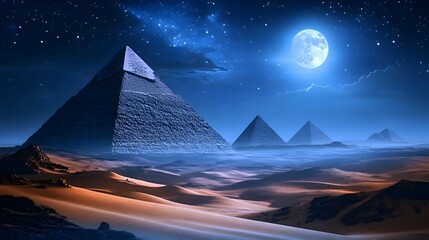 The Great Pyramid of Giza rising majestically under a starry desert sky illuminated by soft moonlight.
