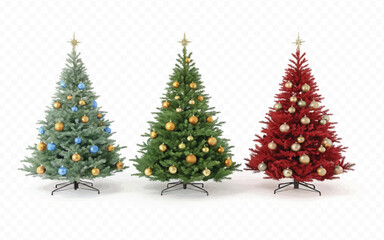 abstract 3d different style Christmas tree with beautiful ornaments isolated on white background