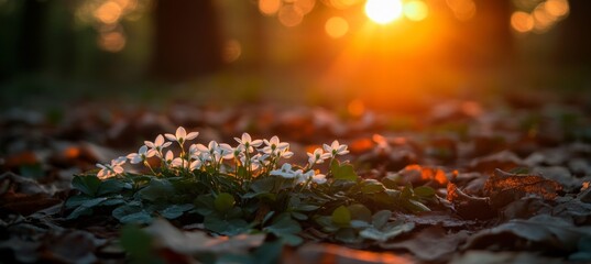 Spring Flowers in Golden Hour Sunlight, Woodland Nature Background at Sunset with Beautiful Lighting