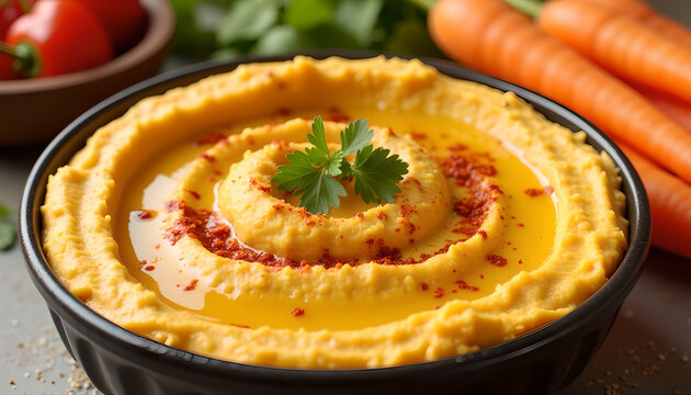 Smooth carrot hummus with olive oil and paprika garnish