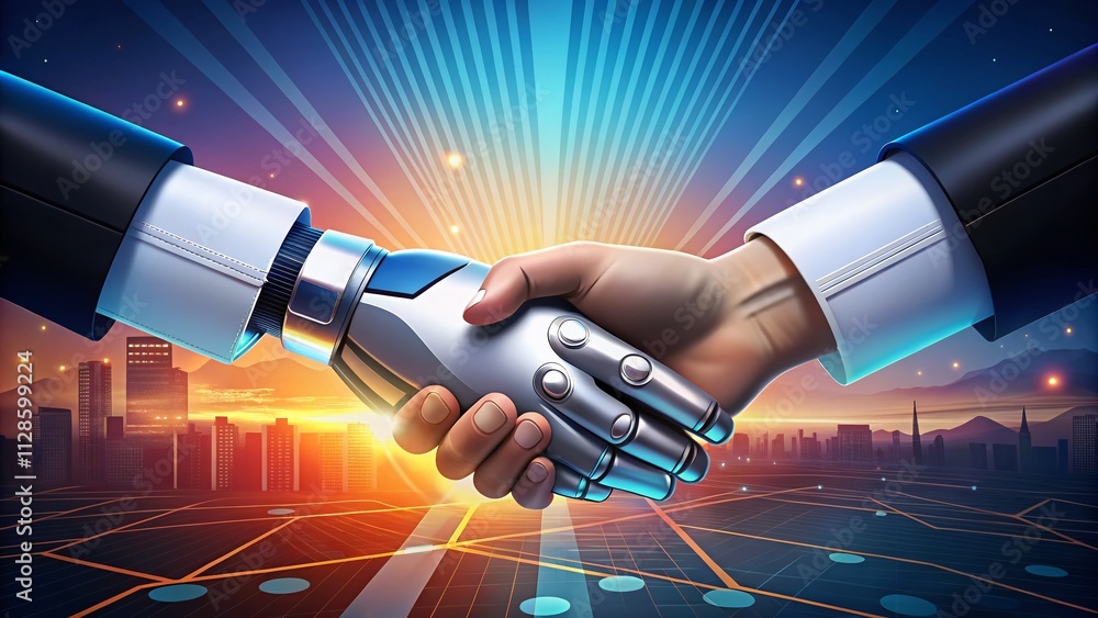 Poster ai and human business alliance: robot handshake illustration with copy space for future collaboratio