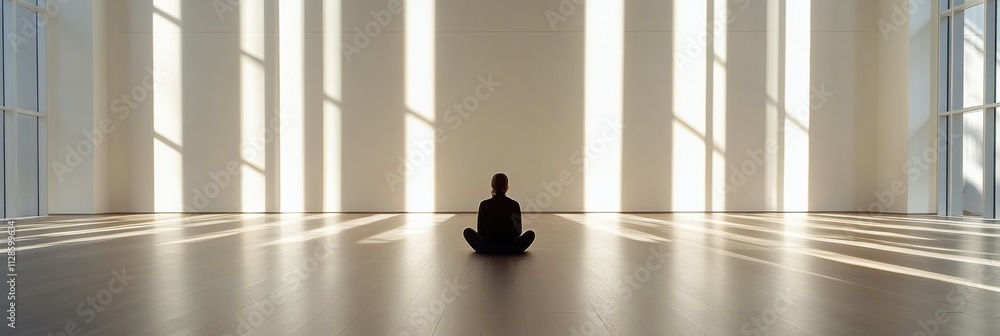 Poster a person sits on the floor of a spacious gallery, contemplating in the quietude of an empty environm