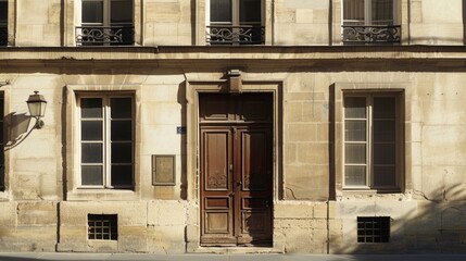 Elegant minimalist Parisian building, wall with windows and doors, sunlit afternoon, serene urban environment, no people visible.