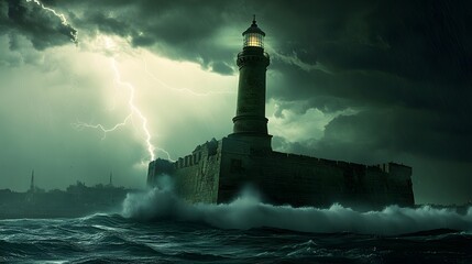 The Lighthouse of Alexandria during a storm waves crashing against its base as lightning strikes nearby.