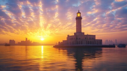 The Lighthouse of Alexandria during a storm waves crashing against its base as lightning strikes nearby.