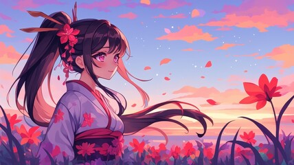 Anime Girl Kimono Sunset Flowers Digital Art Peaceful Scene