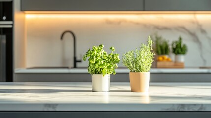 Fresh Herbs in Pots on a Modern Kitchen Countertop: A Culinary Delight