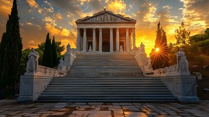 The Mausoleum at Halicarnassus adorned with detailed sculptures and grand staircases against a sunset sky.