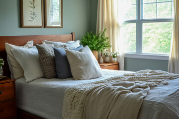 Cozy bedroom with wooden bed frame and plush pillows in sunlit room