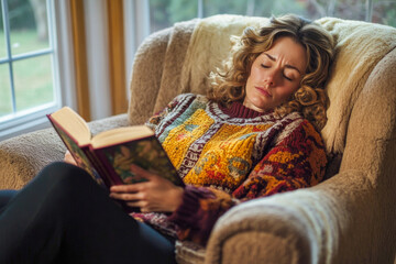 Relaxed caucasian female adult reading a book in cozy sweater in living room