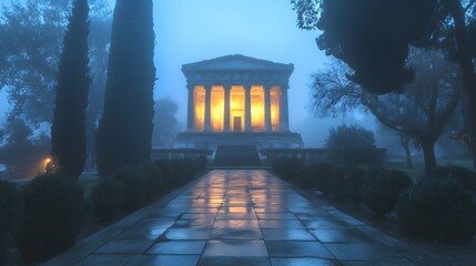The Mausoleum at Halicarnassus shrouded in mist its towering structure glowing with eerie light.